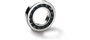 Ein metallisches Schrägkugellager, das von der Seite gezeigt wird und technische Beschriftungen trägt.