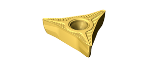 Eine goldene, dreieckige Wendeschneidplatte mit zentrischer Bohrung und gerillten Kanten.