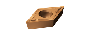 Eine braune, rhombisch geformte Wendeschneidplatte mit abgerundeten Kanten.