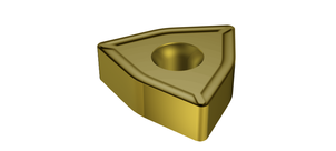 Abbildung einer goldfarbenen Trigon-Wendeschneidplatte mit runder Lochung in der Mitte.