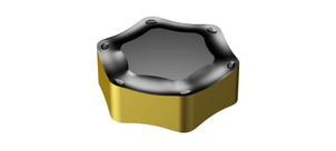 Eine sechseckige Wendeschneidplatte mit goldener und schwarzer Oberfläche.