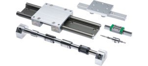 Verschiedene Komponenten der Lineartechnik, darunter Schienenführungen und Kugelumlaufspindeln.
