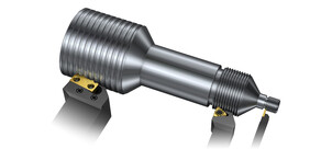 Darstellung eines Werkzeugs für das Gewindedrehen mit Metallstück und Schneidkanten.