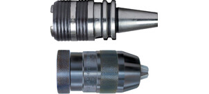 Zwei Arten von Werkzeughalterungen, ein Bohrfutter und ein Gewindeschneidfutter, nebeneinander in Nahaufnahme.