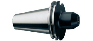 Ein silbernes Frässpannfutter mit schwarzem Schnellwechselkopf vor einem weißen Hintergrund.