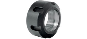 Eine schwarze Spannmutter mit Schlitzen und Innengewinde.