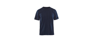 Ein schlichtes, dunkelblaues T-Shirt mit kurzen Ärmeln und einem Rundhalsausschnitt.