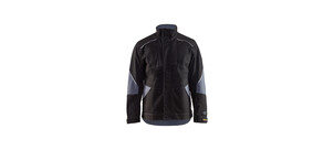 Eine schwarze Schutzjacke mit grauen Akzenten und Stehkragen, designed für Hitzeschutz.