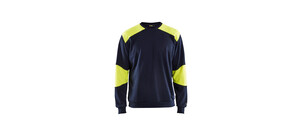 Dunkelblauer Pullover mit leuchtend gelben Akzenten für besseren Schutz bei hoher Hitze.