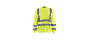 Ein gelbes Warnschutz-Oberteil mit reflektierenden grauen Streifen.