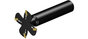 Ein schwarzer, modularer Trennfräser mit vier scharfen Klingen zur Bearbeitung von Materialien.