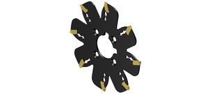 Ein schwarzer, modularer Trennfräser mit mehreren Befestigungsstellen und gelben Schneidkanten.