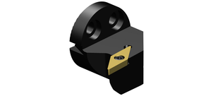 Ein Schneidkopf für Innenbearbeitungen mit einem schwarz-gelben Design, das zwei Befestigungslöcher und eine Schneidplatte zeigt.