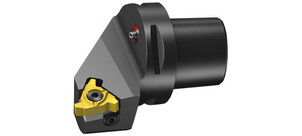 Ein Schneidkopf zum Bearbeiten von Außengewinden mit einer gelben Schneidplatte.