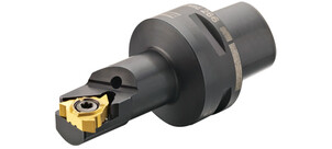 Ein metallischer Schneidkopf für das Bearbeiten von Innengewinden, mit einem austauschbaren Einsatz.