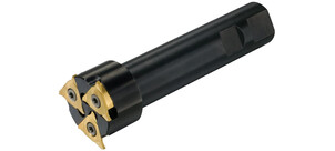 Schwarz-goldener modularer Schaft-Gewindefräser auf weißem Hintergrund.